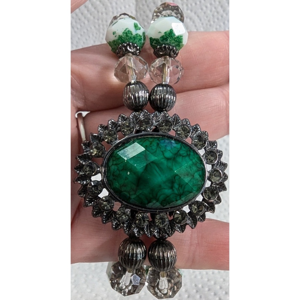 New 2 Multi Strand Rhinestone Stretch Bracelet Womens OS Green‎ Vintage Style